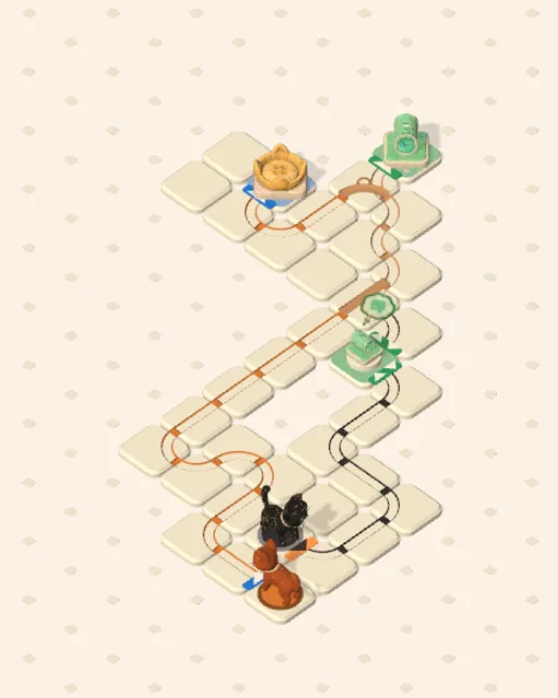 Black Cat garden 15, No Way Round It solved — the finished board with each cat's route drawn across the stones in her own colour