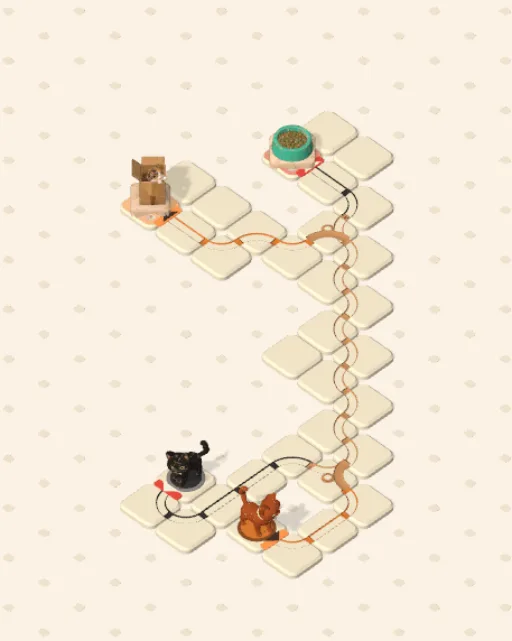 Black Cat garden 17, One Waits solved — the finished board with each cat's route drawn across the stones in her own colour