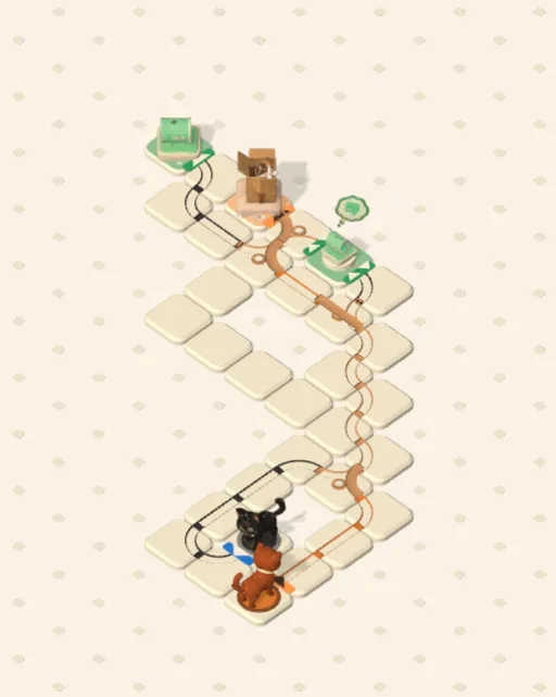 Black Cat garden 19, Two Wants, One Lane solved — the finished board with each cat's route drawn across the stones in her own colour