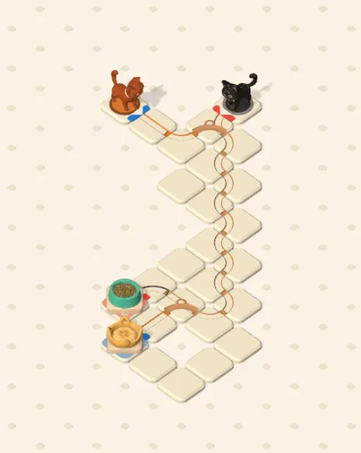 Black Cat garden 21, Not the Same Errand solved — the finished board with each cat's route drawn across the stones in her own colour