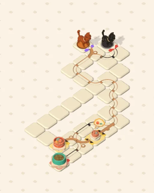 Black Cat garden 23, The Turning Point solved — the finished board with each cat's route drawn across the stones in her own colour