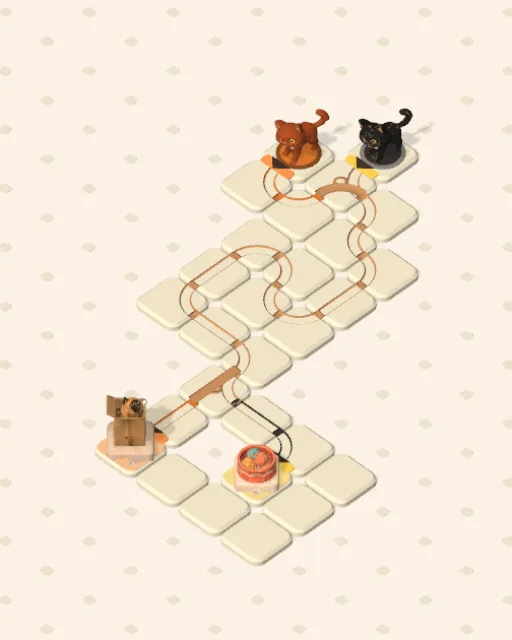 Black Cat garden 29, One Stone Wide solved — the finished board with each cat's route drawn across the stones in her own colour