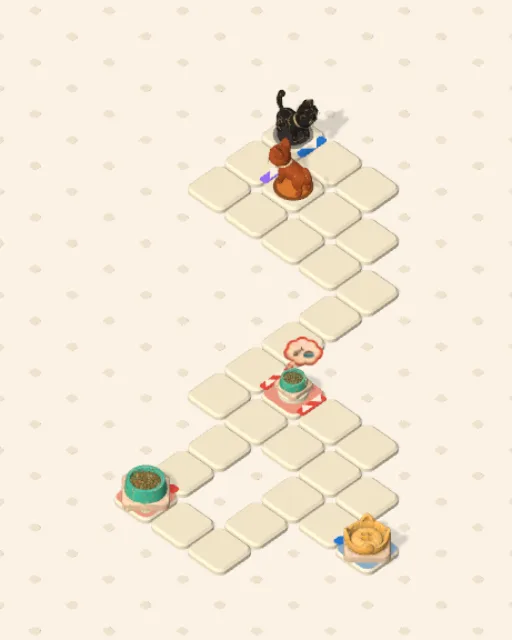 Black Cat garden 31, The Narrow Turning before it is solved — the stones, the cats on their mats and the things they are heading for