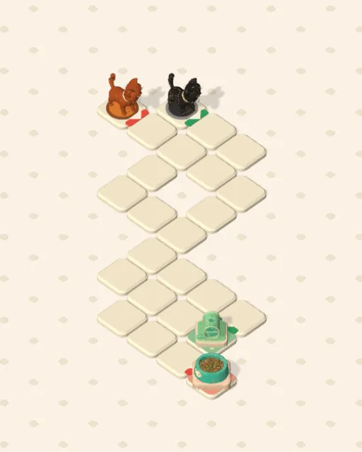Black Cat garden 35, The Pinch before it is solved — the stones, the cats on their mats and the things they are heading for