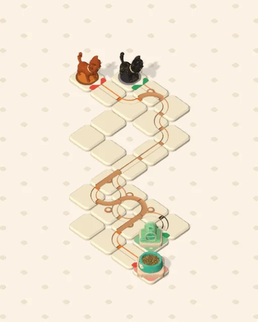 Black Cat garden 35, The Pinch solved — the finished board with each cat's route drawn across the stones in her own colour