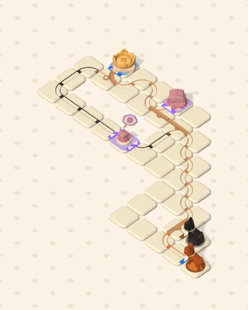 Black Cat garden 38, The Patch Between solved — the finished board with each cat's route drawn across the stones in her own colour