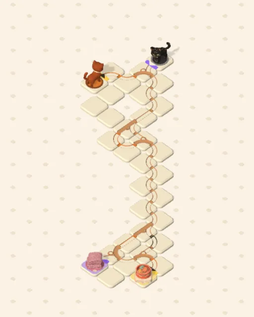 Black Cat garden 39, The Only Gap solved — the finished board with each cat's route drawn across the stones in her own colour