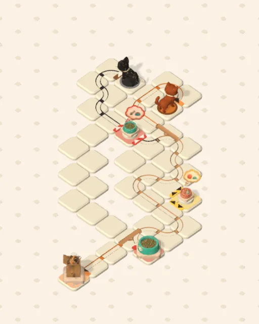 Black Cat garden 47, Whose Turn solved — the finished board with each cat's route drawn across the stones in her own colour