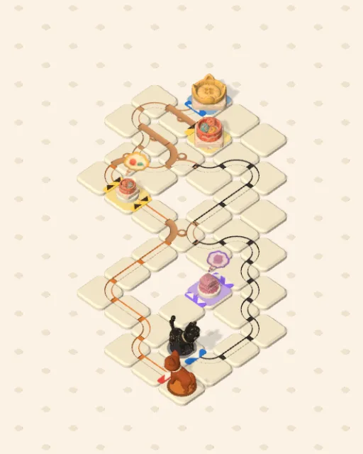 Black Cat garden 48, Turned Both Ways solved — the finished board with each cat's route drawn across the stones in her own colour