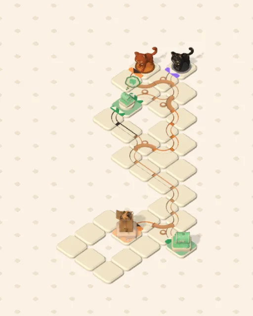 Black Cat garden 50, Cosy and Curious solved — the finished board with each cat's route drawn across the stones in her own colour